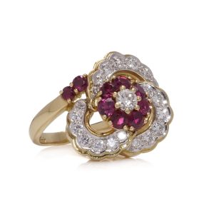 Kutchinsky Flower-Shaped Diamond And Ruby Cluster Ring In 18 Carat Yellow Gold