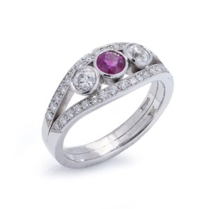 Platinum Three Stone Old Cut Diamond And Ruby Ring