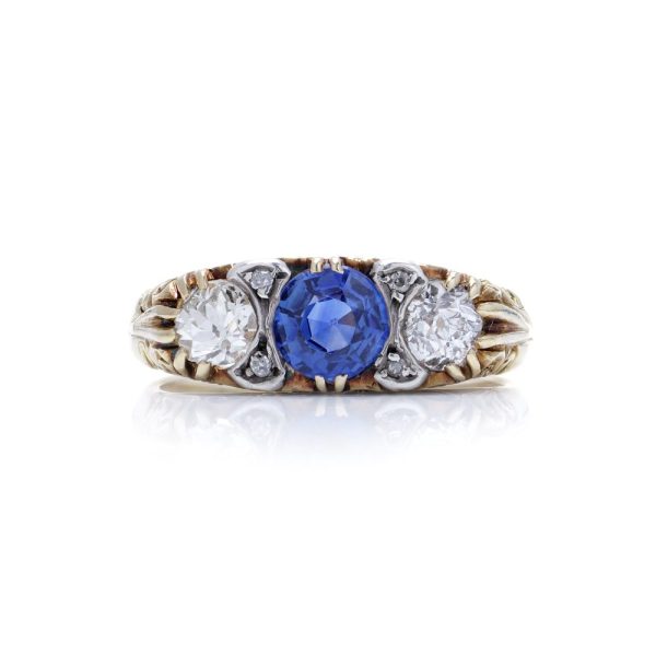Victorian gold and silver diamond and sapphire three stone ring. 