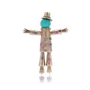 Vintage 12 Carat Yellow Gold Scarecrow Brooch With Gemstones