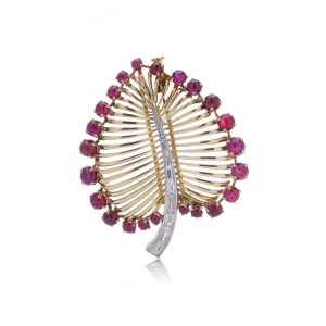 Vintage Retro Gold And Platinum Diamond And Ruby Leaf Brooch