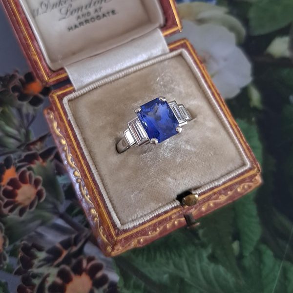 3ct Ceylon Sapphire and Baguette Diamond Engagement Ring in Platinum