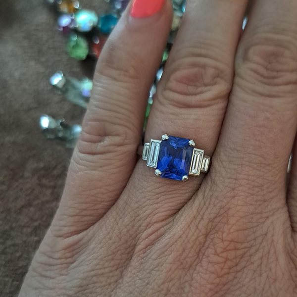 3ct Ceylon Sapphire and Baguette Diamond Engagement Ring in Platinum