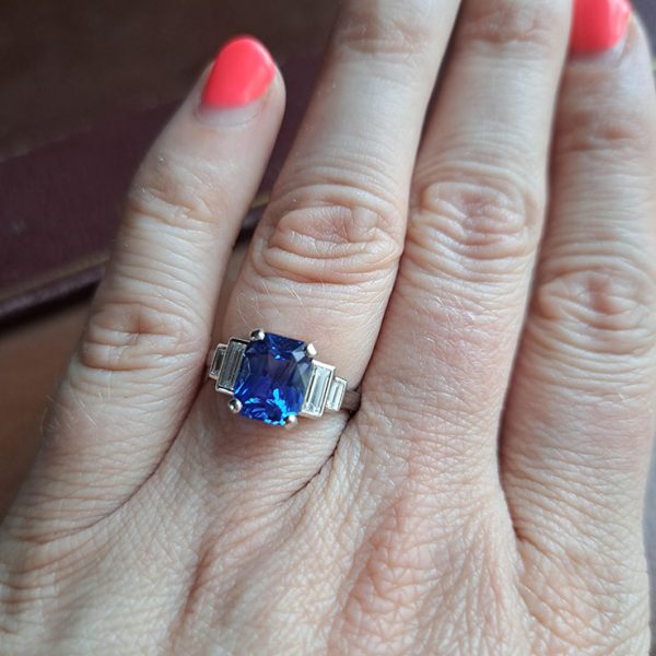 3ct Ceylon Sapphire and Baguette Diamond Engagement Ring in Platinum