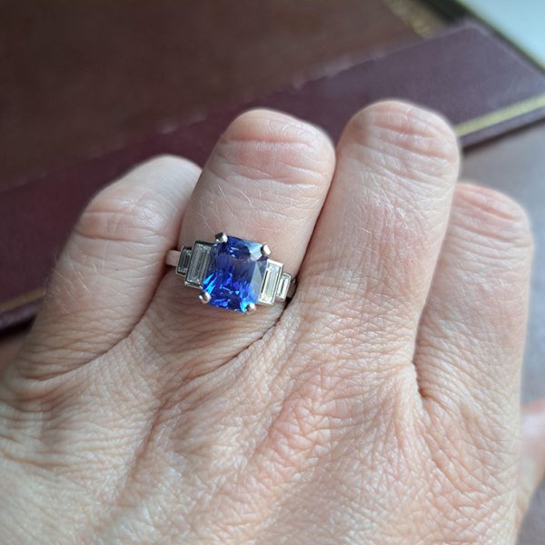 3ct Ceylon Sapphire and Baguette Diamond Engagement Ring in Platinum