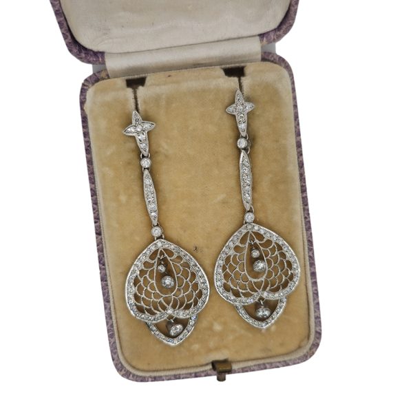 Art Deco Style 1.90ct Diamond Drop Earrings, Diamond star shaped tops suspend shell-shaped cluster drops via links all set with sparkling diamonds