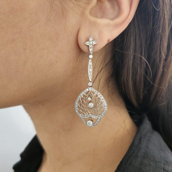 Art Deco Style 1.90ct Diamond Drop Earrings, Diamond star shaped tops suspend shell-shaped cluster drops via links all set with sparkling diamonds