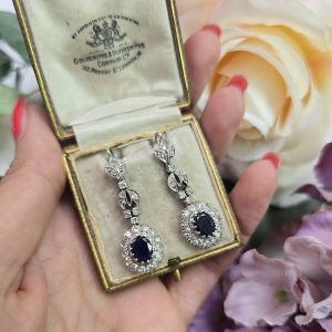 Vintage Sapphire and Diamond Cluster Drop Earrings