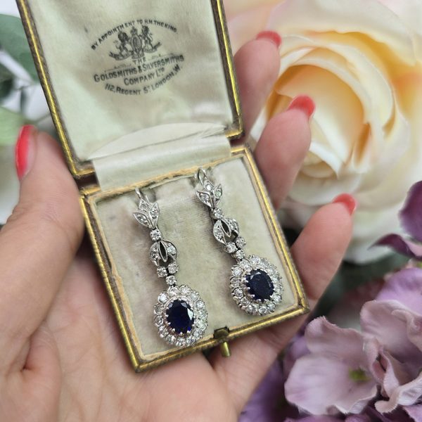 Vintage Sapphire and Diamond Cluster Drop Earrings, pair of pre-owned sapphire and diamond drop earrings in 18ct white gold to 12ct gold wire backs