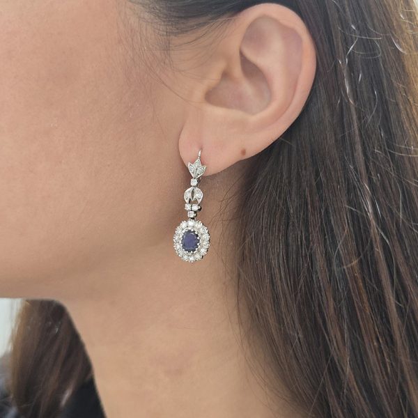 Vintage Sapphire and Diamond Cluster Drop Earrings, pair of pre-owned sapphire and diamond drop earrings in 18ct white gold to 12ct gold wire backs