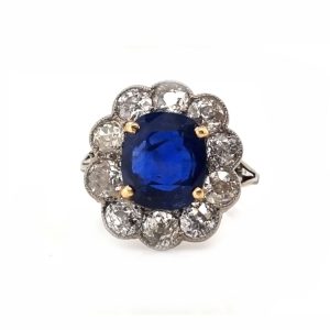 Antique Art-Deco Burma no heat sapphire and diamond cluster engagement ring