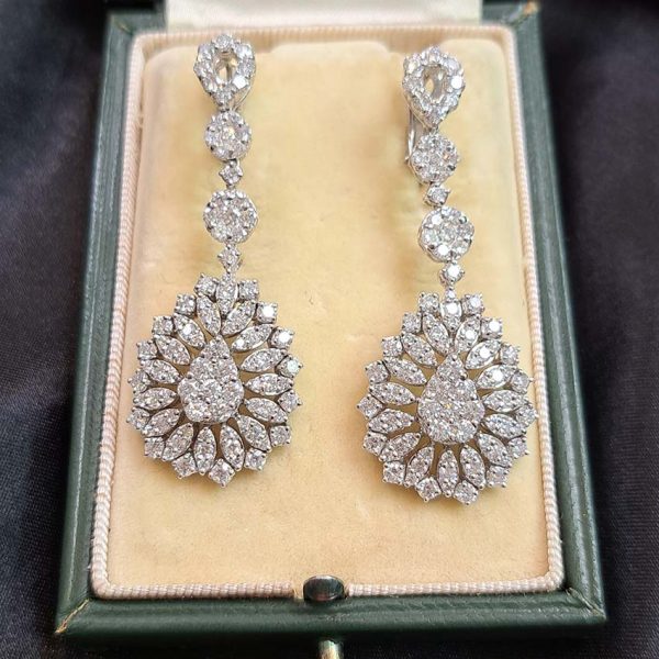 6ct Diamond Pear Shaped Cluster Drop Earrings, 6 carats of sparkling round brilliant-cut diamonds arranged in teardrop shaped drops accented with marquise shaped surrounds in 18ct white gold