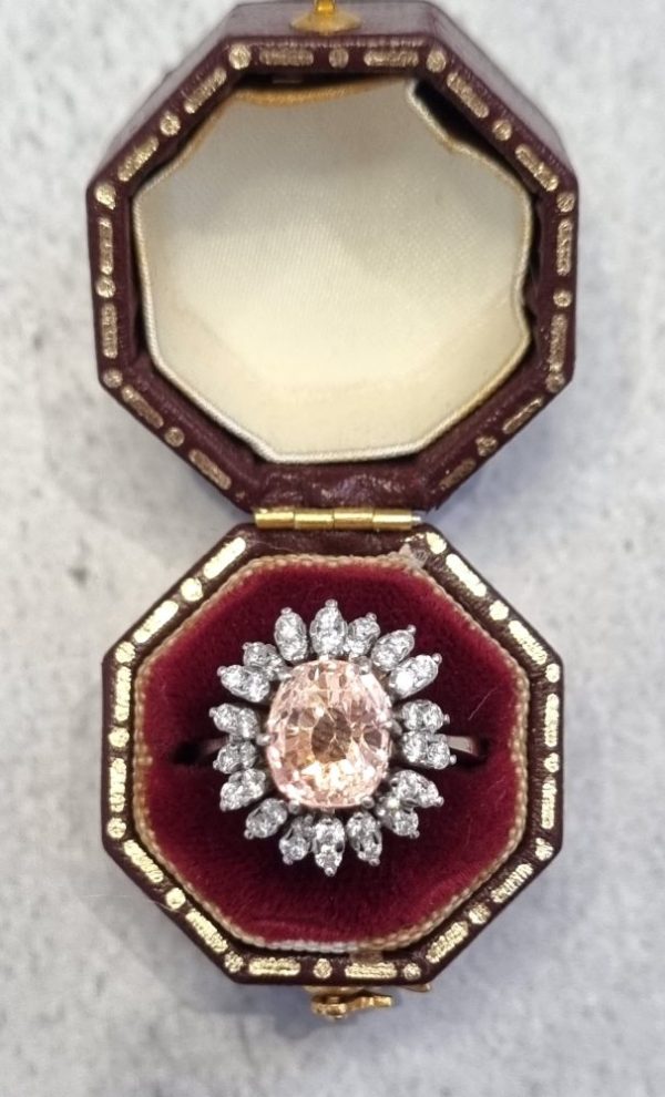 vintage padparadscha sapphire and diamond cluster engagement ring in 18ct white gold