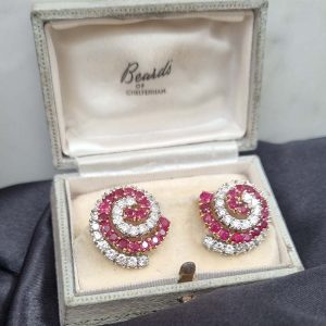 Vintage 1960s Italian Ruby and Diamond Swirl Cluster Earrings, red rubies and sparkling diamonds in Catherine wheel design in 18ct white and yellow gold