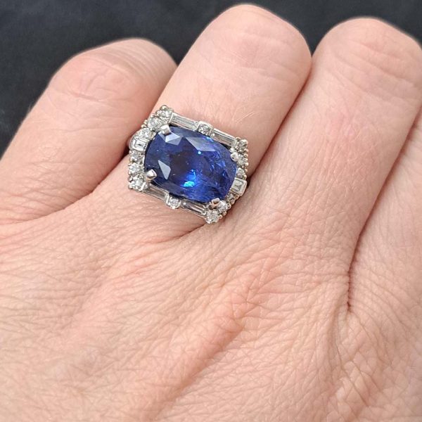 Sapphire ring Ceylon Sri Lanka no heat east to west view cluster Platinum baguette and round diamonds