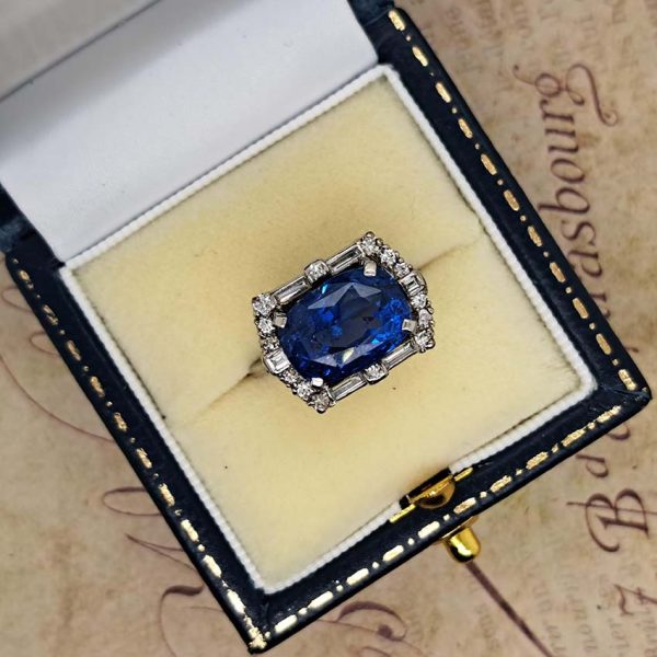 Vintage Large sapphire no heat blue and diamond baguette cut platinum