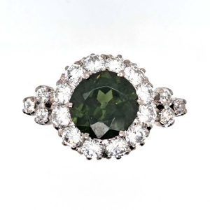 Antique 3.85ct Natural Green Zircon and Old Cut Diamond Cluster Engagement Ring in platinum and 18ct gold