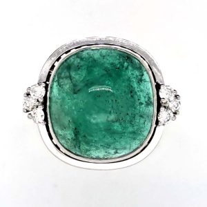 9ct Cabochon Emerald Ring with Diamonds, large 9.89ct cabochon-cut emerald set in 18ct white gold accented with sparkling diamonds to each side