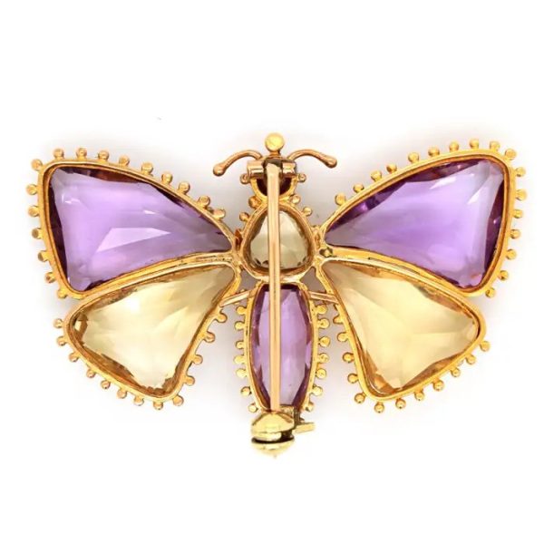 Antique Regency Amethyst and Citrine Butterfly Brooch with rose-cut garnet head in 18ct yellow gold with beaded gold borders. Early 19th century Circa 1810s