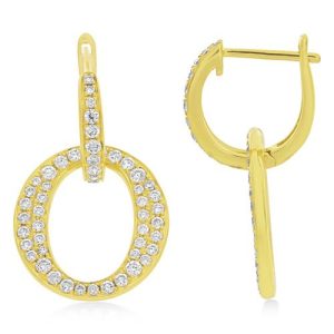 Diamond Set Yellow Gold Circle Drop Earrings, diamond-set 18ct yellow gold circular drops connected to diamond-set half hoop tops, 0.77 carat total