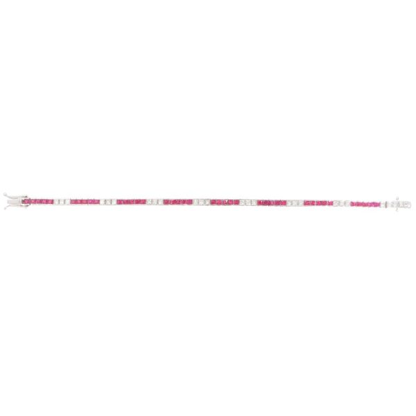 Modern 18ct white gold scissor cut rubies and french cut diamonds line tennis bracelet