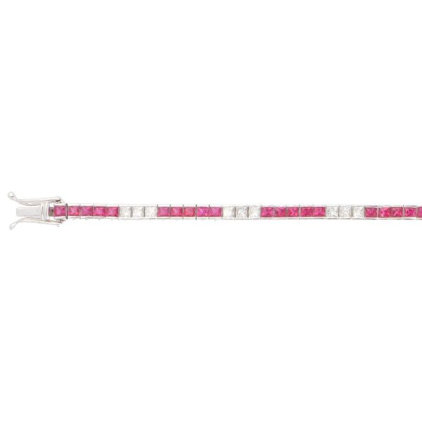 Modern 18ct white gold scissor cut rubies and french cut diamonds line tennis bracelet