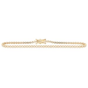 A contemporary made 1.08ct diamond bezel set line bracelet crafted in 18ct yellow gold with 75 round brilliant cut diamonds.