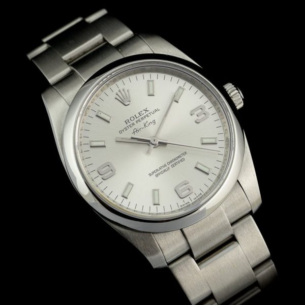 Rolex Air King 114200 34mm Stainless Steel Automatic Watch, silver dial and smooth polished bezel on steel bracelet strap