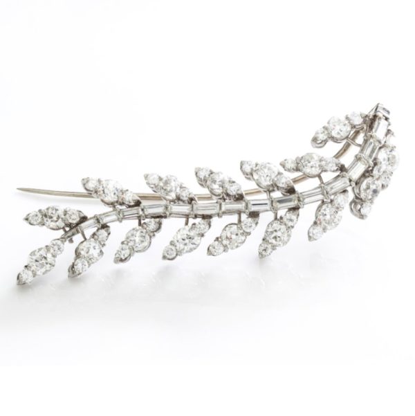 Vintage 5.80ct Old Cut Diamond Fern Brooch in Platinum