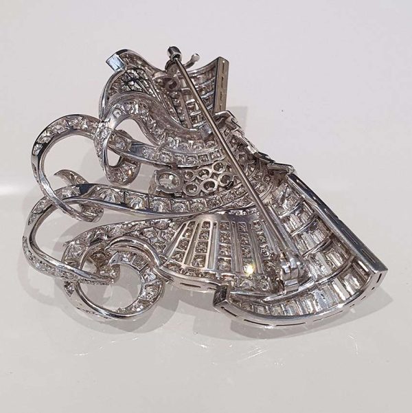 Late Art Deco 9ct Diamond Set Platinum Brooch, set with 9 carats of baguette-cut and brilliant-cut diamonds in handmade platinum setting, late 1930s