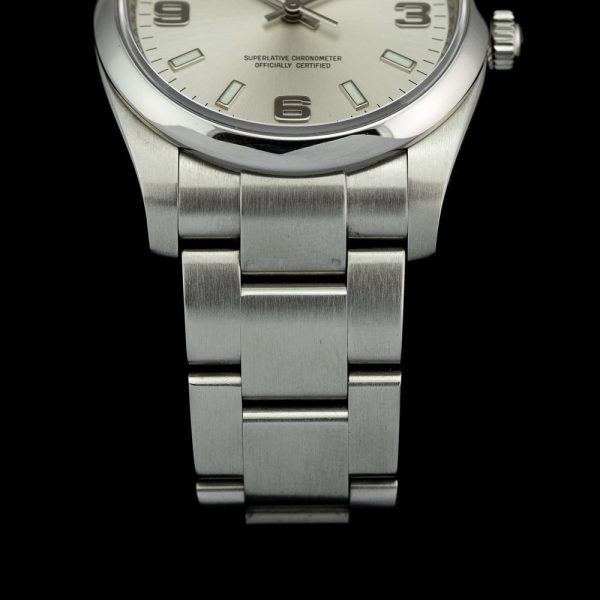 Rolex Air King 114200 34mm Stainless Steel Automatic Watch, silver dial and smooth polished bezel on steel bracelet strap