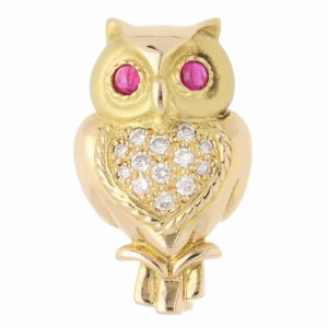 Vintage Diamond and Ruby Owl Brooch in 18ct Yellow Gold