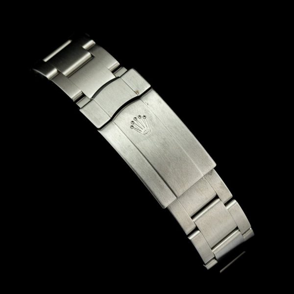 Rolex Air King 114200 34mm Stainless Steel Automatic Watch, silver dial and smooth polished bezel on steel bracelet strap