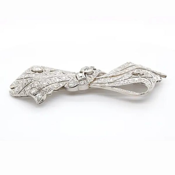 Vintage 8ct Old Cut Diamond Bow Brooch, set with 8 carats of old-cut, single-cut and square shaped diamonds in 18ct white gold with a 14ct white gold pin