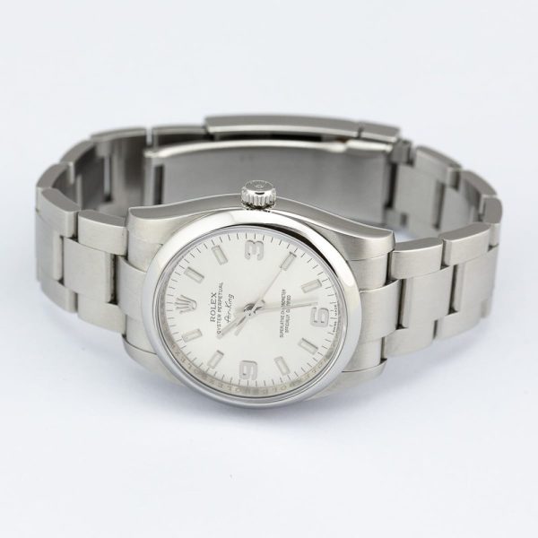 Rolex Air King 114200 34mm Stainless Steel Automatic Watch, silver dial and smooth polished bezel on steel bracelet strap