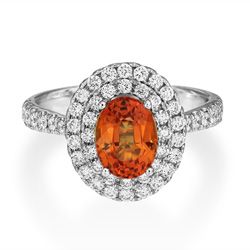 Orange Sapphire and Diamond Double Halo Cluster Engagement Ring, 1.69ct oval fiery orange sapphire is set within a double halo surround in 18ct white gold with diamond-set shoulders