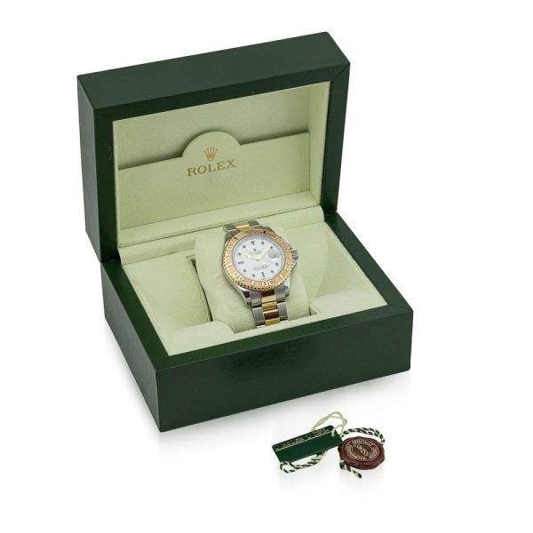 Rolex Yacht Master 16623 Gold and Steel 2009 Watch with Box and Papers, 40mm case with white dial surrounded by Sandblasted bi-directional yellow gold bezel