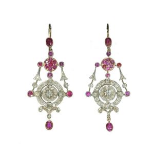 Victorian Antique Ruby and Old Cut Diamond Cluster Drop Earrings, cushion cut rubies, old-cut and rose-cut diamonds in silver upon gold, Circa 1880