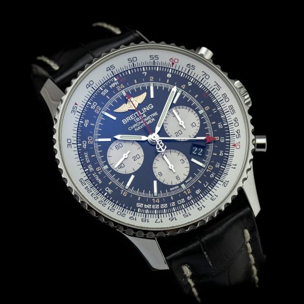 Breitling Navitimer GMT AB044121 2017 Watch Box Papers Warranty, black dial skeleton back Black Crocodile strap steel Breitling folding deployment clasp