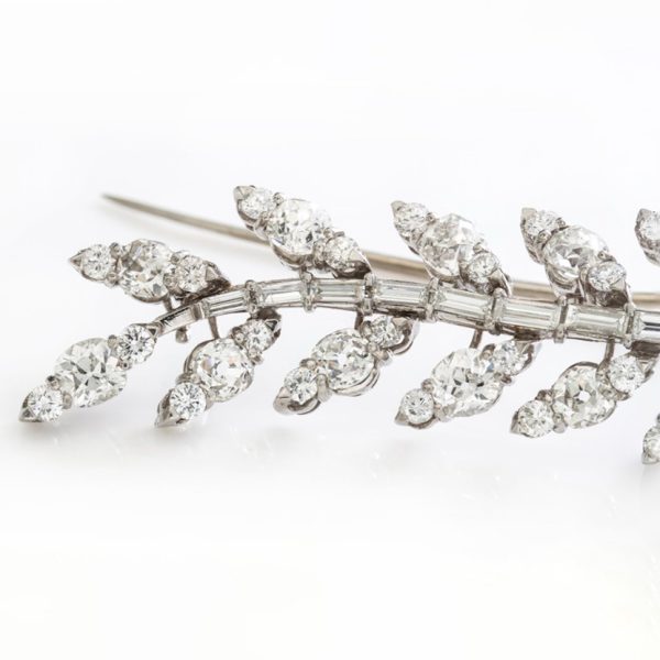 Vintage 5.80ct Old Cut Diamond Fern Brooch in Platinum