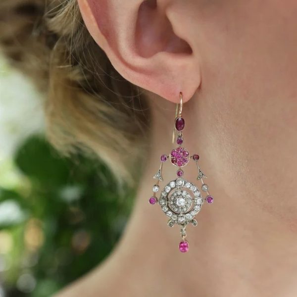 Victorian Antique Ruby and Old Cut Diamond Cluster Drop Earrings, cushion cut rubies, old-cut and rose-cut diamonds in silver upon gold, Circa 1880