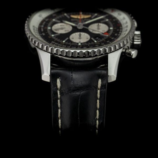 Breitling Navitimer GMT AB044121 2017 Watch Box Papers Warranty, black dial skeleton back Black Crocodile strap steel Breitling folding deployment clasp