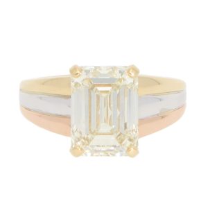 4.51ct emerald cut diamond engagement ring in 18ct yellow, white and rose gold