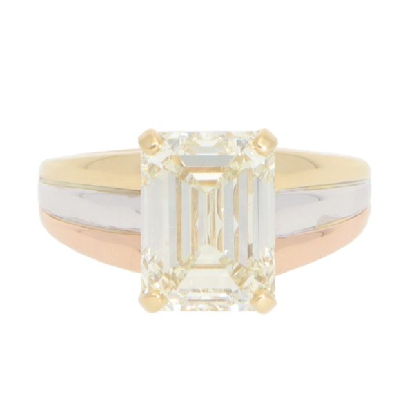 4.51ct emerald cut diamond engagement ring in 18ct yellow, white and rose gold