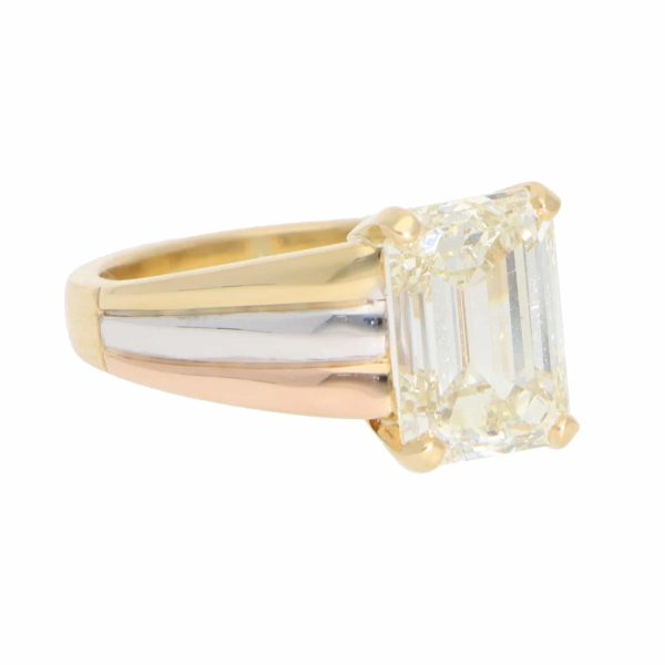 4.51ct emerald cut diamond engagement ring in 18ct yellow, white and rose gold