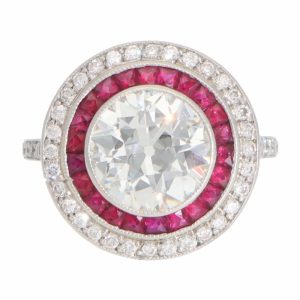 Art Deco Style Diamond and Ruby Double Target Ring in Platinum