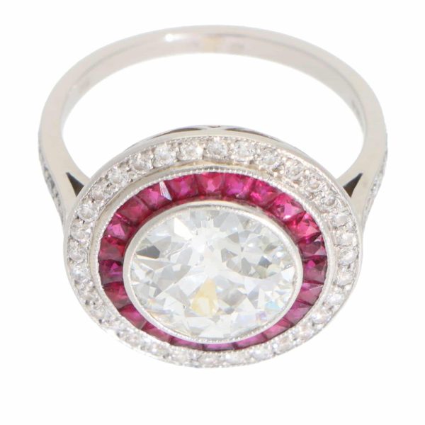 Art Deco Style Diamond and Ruby Double Target Ring in Platinum