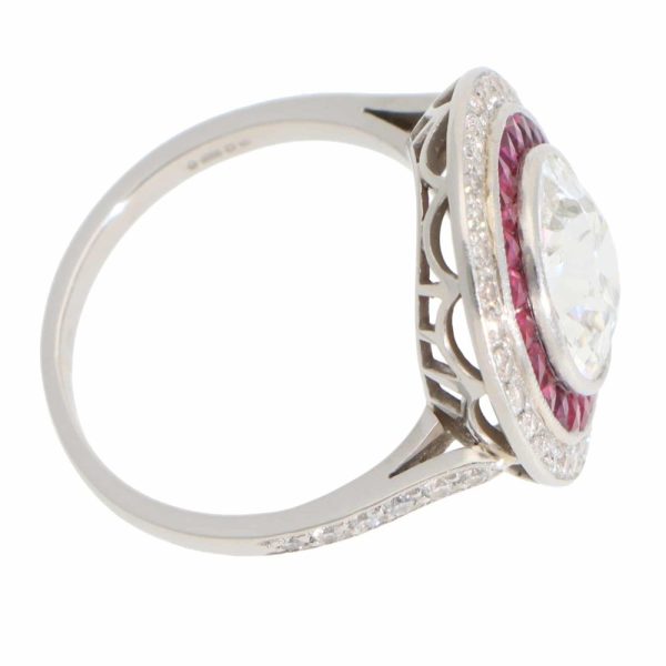 Art Deco Style Diamond and Ruby Double Target Ring in Platinum