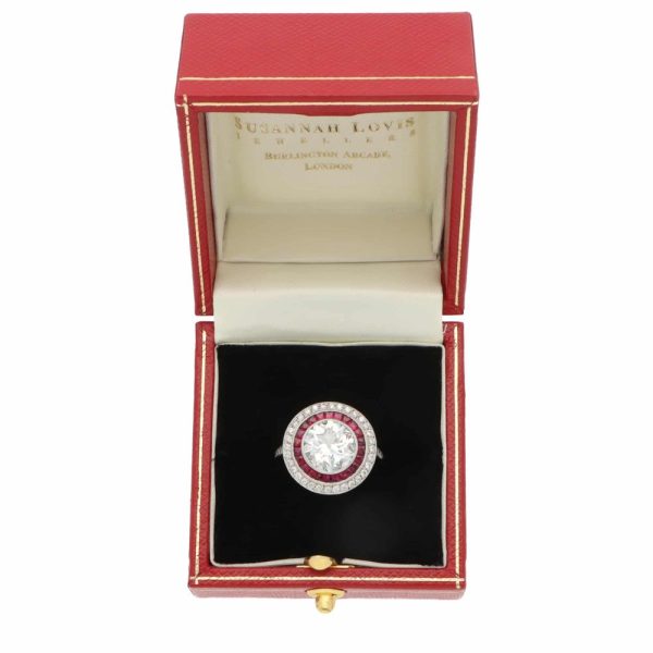 Art Deco Style Diamond and Ruby Double Target Ring in Platinum