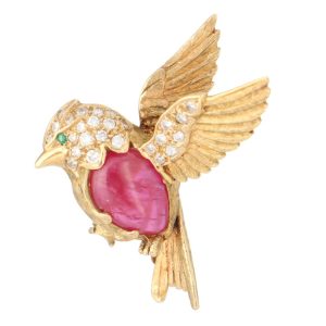 Vintage Ruby and Diamond Kookaburra Brooch in 18ct Yellow Gold